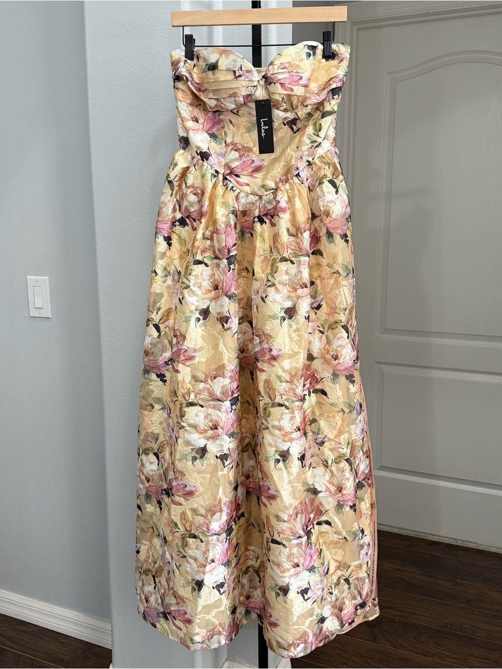 Lulus Kathani Yellow Floral Jacquard Bustier Maxi Dress Size Medium Strapless - Picture 2 of 7